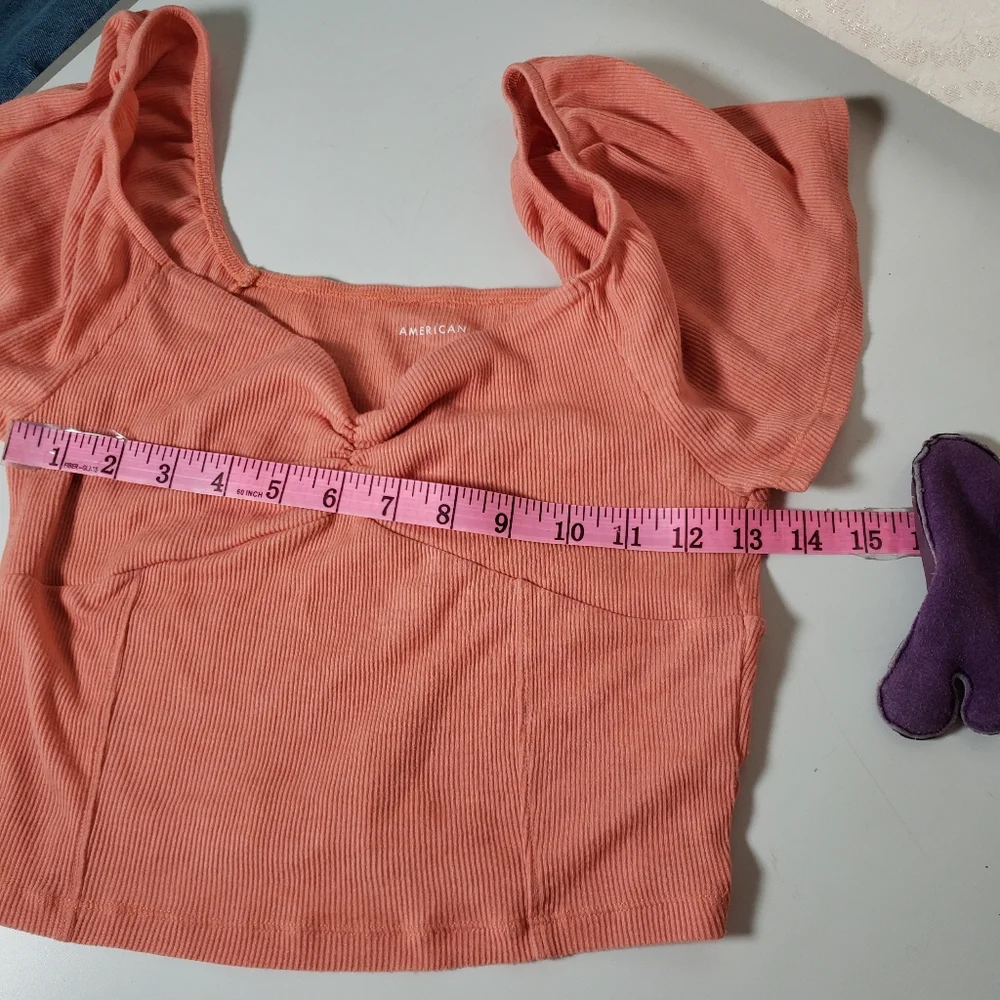 Vtg Open Coral Striped Cardigan Twin Set Matching AEO Cropped Babydoll Puff Slv